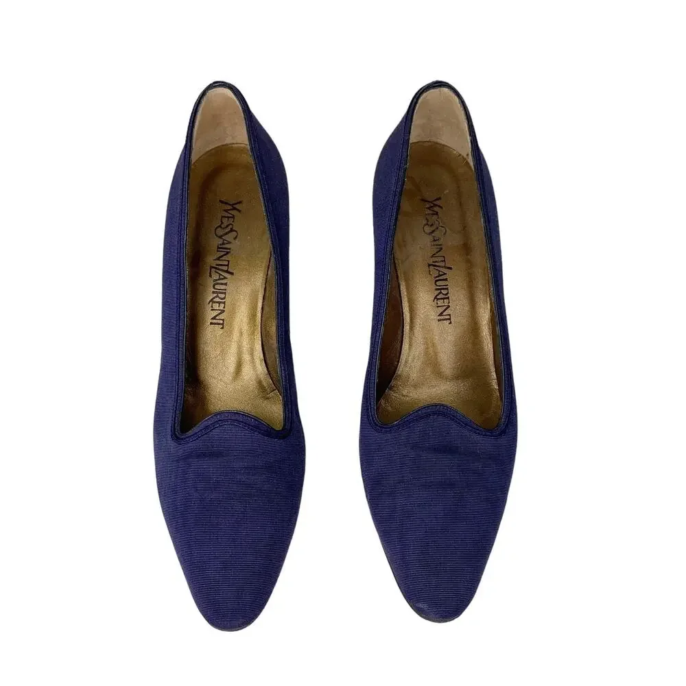 Yves Saint Laurent YSL Vintage Ribbed Navy Silk Pumps 7M Heels 2.25